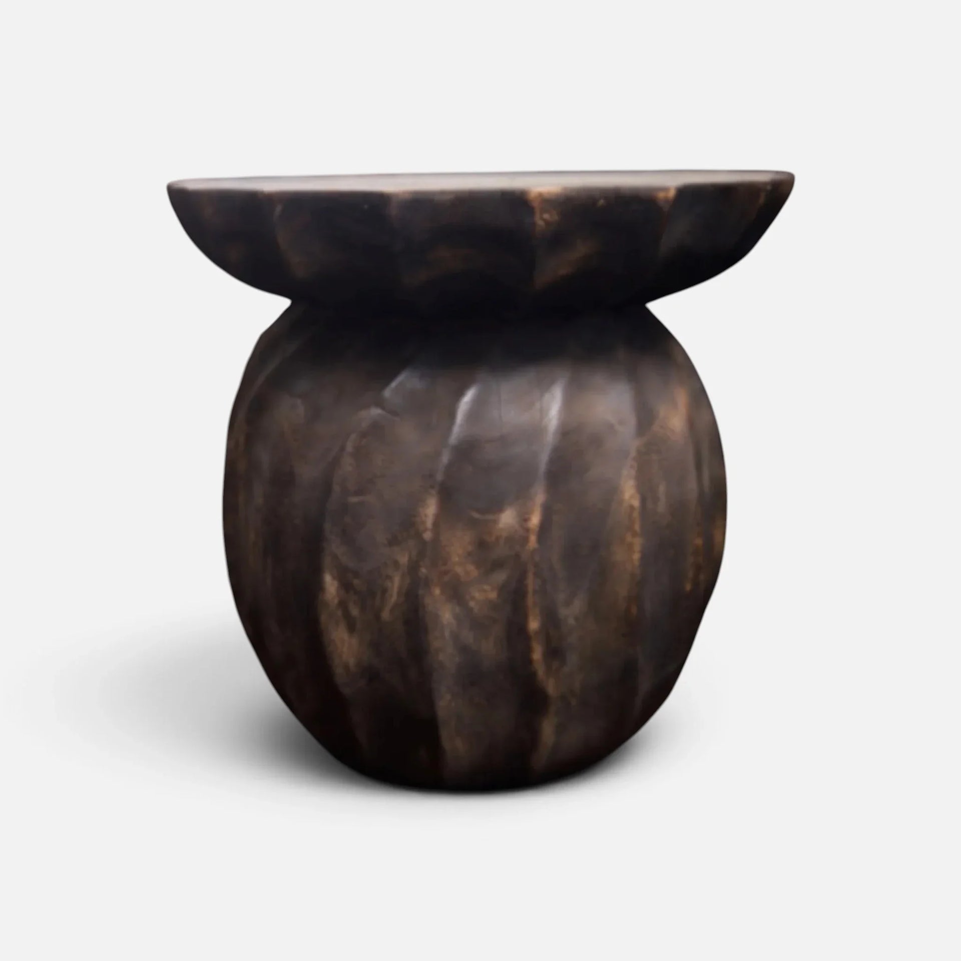 Bespoke modern organic luxury side tables collection: A Sculptural Espresso Side Table with a multi-tonal charred wood finish by Senja Living.