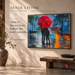 Original contemporary oil painting There is Always Love Behind the Red Umbrella by artist Heru Japra Pramono, curated by Senja Living, mounted on wall above a Senja Living modern organic wood bench.