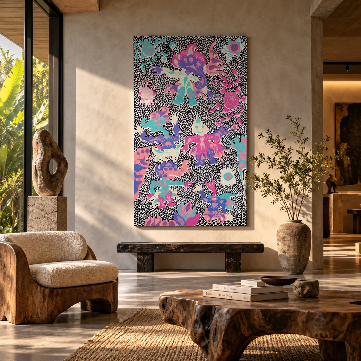 Keep Smiling (2026), an original painting  by emerging Balinese artist I Made Ananda Krisna, displayed above a Senja Living sculptural wood bench in a warm, contemporary organic interior — curated by Senja Living.
