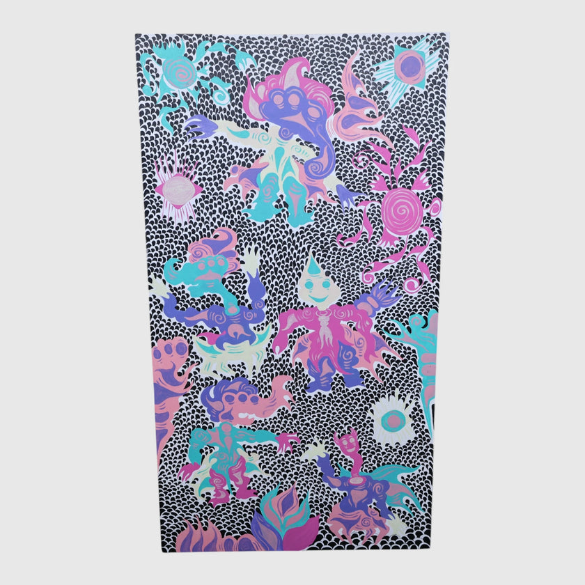 Keep Smiling (2026), a contemporary figurative painting by emerging Balinese artist I Made Ananda Krisna, featuring vivid colors, intricate black-and-white patterning and stylized Wayang imagery across the full vertical canvas — curated and photographed by Senja Living.