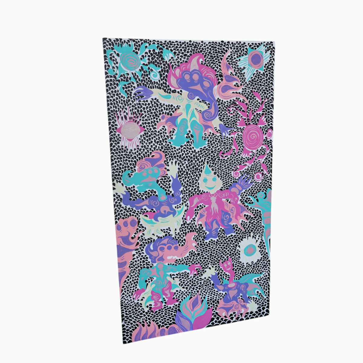 Keep Smiling (2026), an original painting by emerging Balinese artist I Made Ananda Krisna, shown at an angle to reveal its full vertical composition, vivid colors, intricate black-and-white patterning and stylized Wayang imagery, curated by Senja Living.