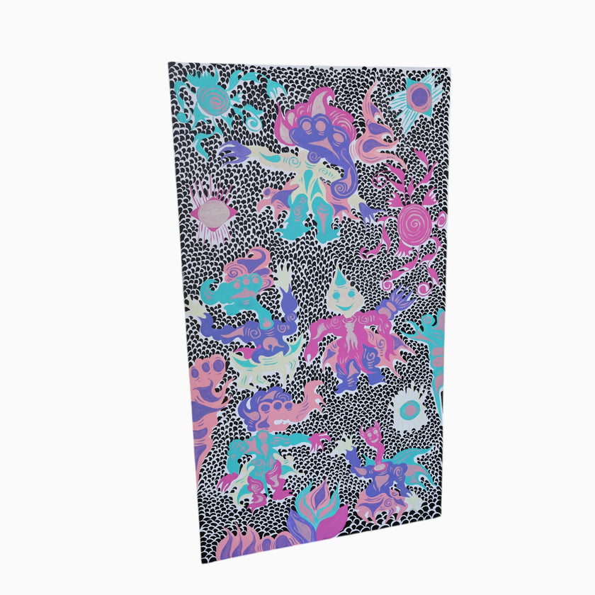Keep Smiling (2026), an original painting by emerging Balinese artist I Made Ananda Krisna, shown at an angle to reveal its full vertical composition, vivid colors, intricate black-and-white patterning and stylized Wayang imagery, curated by Senja Living.