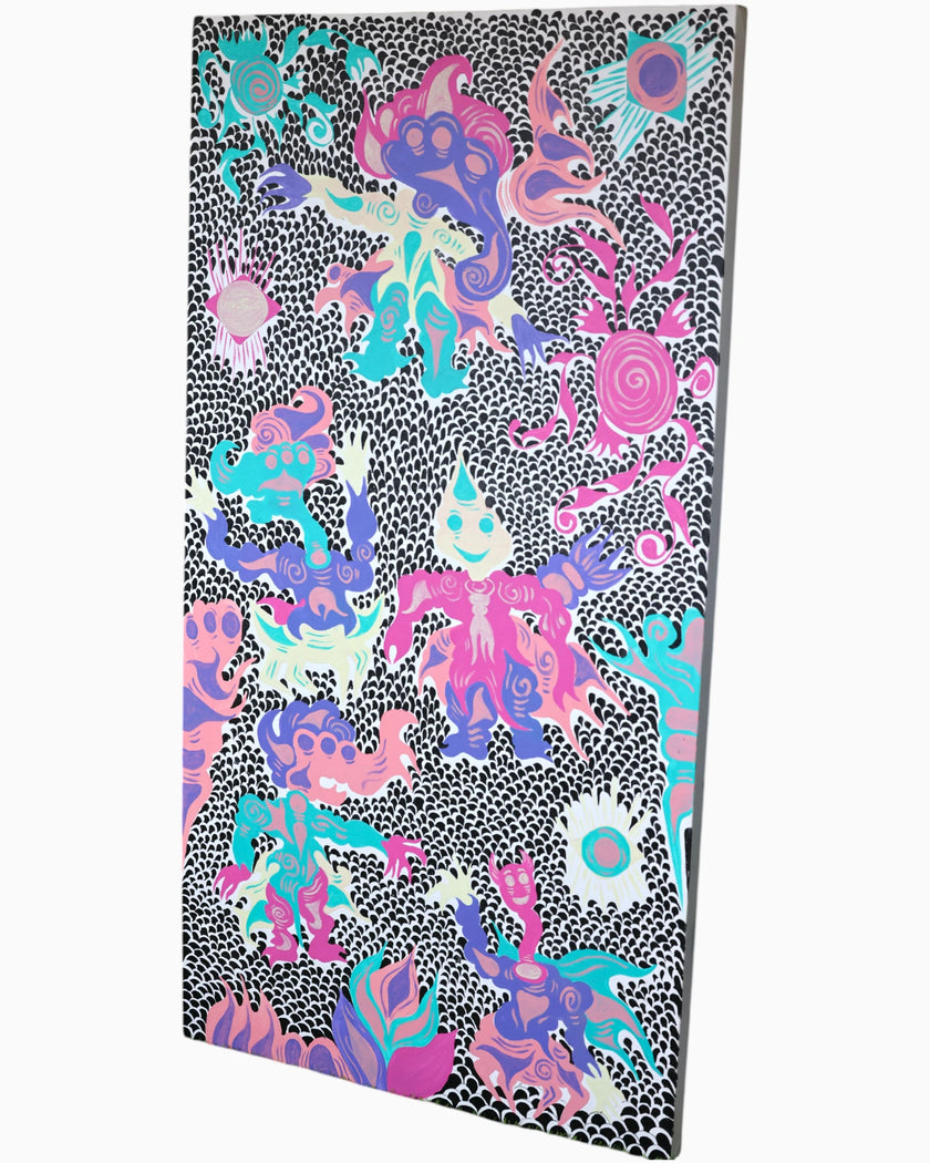Keep Smiling (2026), an original painting by emerging Balinese artist I Made Ananda Krisna, shown from an angled portrait view revealing its vivid colors, intricate black-and-white patterning and stylized Wayang imagery — curated and photographed by Senja Living.