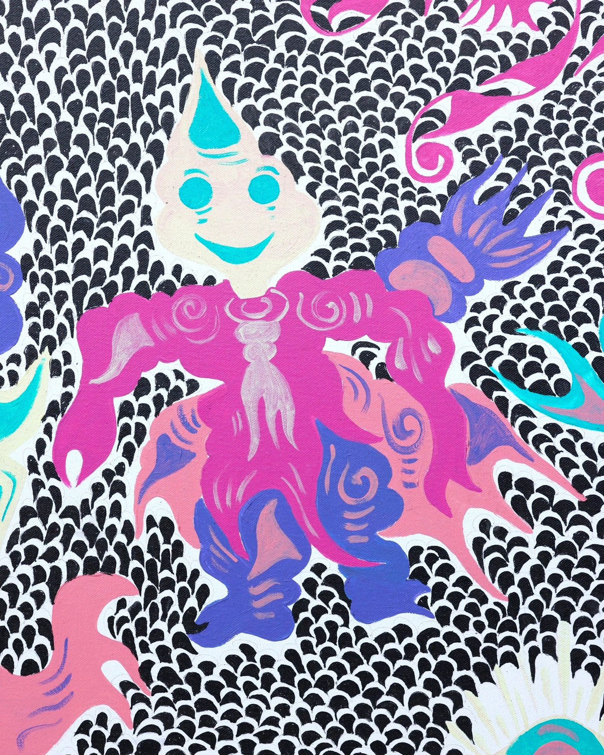 Detail of Keep Smiling (2026) by emerging Balinese artist I Made Ananda Krisna, highlighting a vivid pink and violet Wayang figure against intricate black-and-white patterning — curated and photographed by Senja Living.