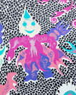 Detail of Keep Smiling (2026) by emerging Balinese artist I Made Ananda Krisna, highlighting a vivid pink and violet Wayang figure against intricate black-and-white patterning — curated and photographed by Senja Living.