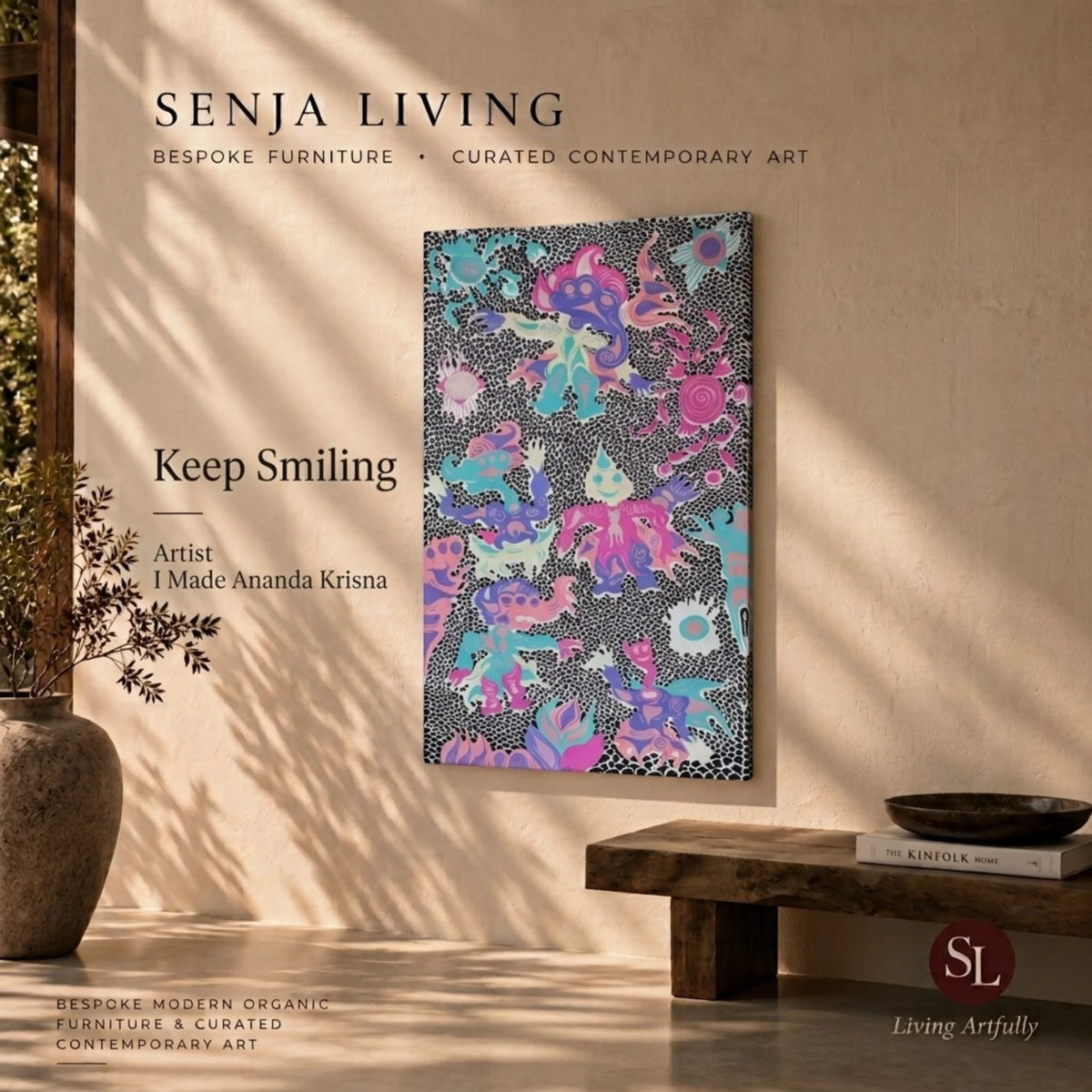 Keep Smiling (2026), an original painting by emerging Balinese artist I Made Ananda Krisna, presented in a warm, contemporary organic interior with Senja Living’s editorial branding — curated by Senja Living.