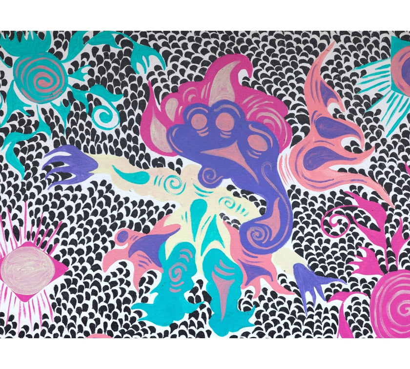 Detail of Keep Smiling (2026) by emerging Balinese artist I Made Ananda Krisna, highlighting a vivid pink and violet Wayang figure, turquoise ornamental forms and intricate black-and-white patterning — curated  and photographed by Senja Living.