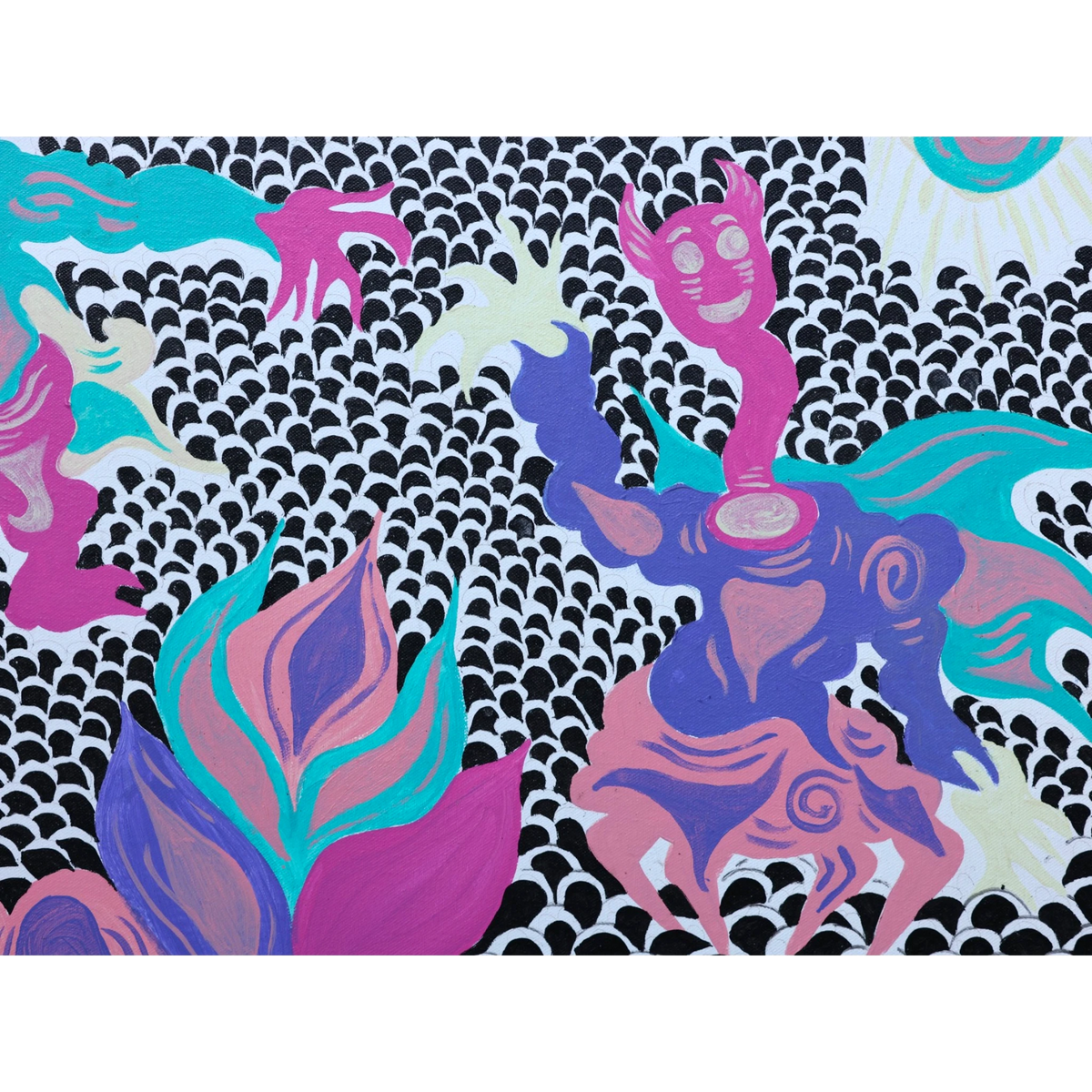 Detail of Keep Smiling (2026) by emerging Balinese artist I Made Ananda Krisna, featuring a violet and pink Wayang figure, turquoise forms and a vivid multicolored botanical motif against intricate black-and-white patterning — curated by Senja Living.