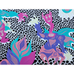 Detail of Keep Smiling (2026) by emerging Balinese artist I Made Ananda Krisna, featuring a violet and pink Wayang figure, turquoise forms and a vivid multicolored botanical motif against intricate black-and-white patterning — curated by Senja Living.