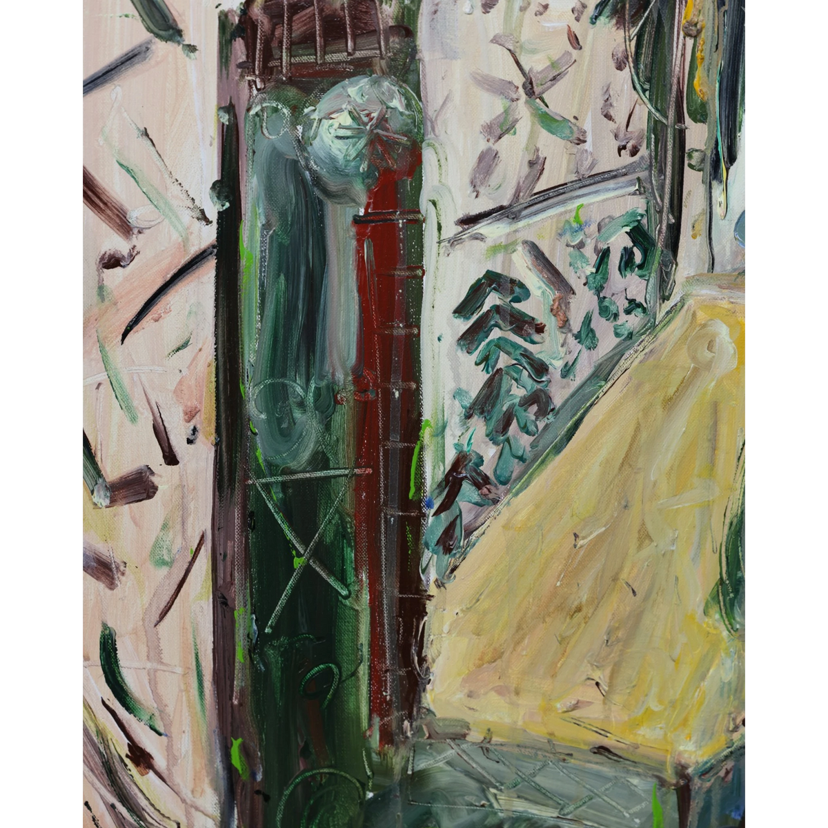 Compelling detail of Berkaca (2026), an original acrylic painting on canvas by Balinese artist I Wayan Dendy Permana Putra, highlighting vertical dark green and crimson forms, ochre-yellow shapes and expressive brushwork across the layered architectural composition — photographed and curated by Senja Living.