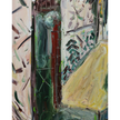 Compelling detail of Berkaca (2026), an original acrylic painting on canvas by Balinese artist I Wayan Dendy Permana Putra, highlighting vertical dark green and crimson forms, ochre-yellow shapes and expressive brushwork across the layered architectural composition — photographed and curated by Senja Living.