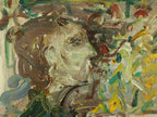 Compelling detail of Berkaca (2026), a one-of-a-kind acrylic painting on canvas by Balinese artist I Wayan Dendy Permana Putra, revealing the figure's profile, expressive facial brushwork, textured canvas and layered brown, ochre, moss green, turquoise and crimson marks — photographed and curated by Senja Living.