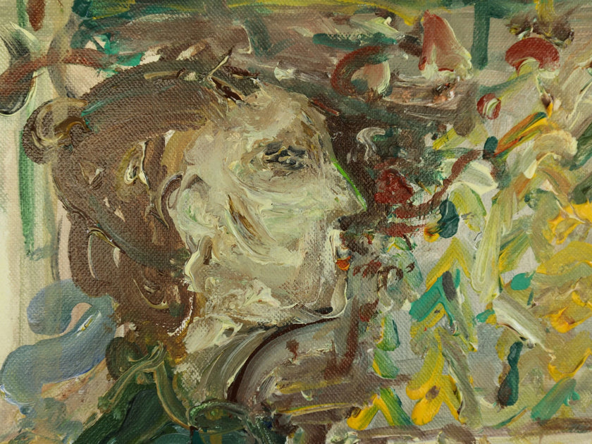 Compelling detail of Berkaca (2026), a one-of-a-kind acrylic painting on canvas by Balinese artist I Wayan Dendy Permana Putra, revealing the figure's profile, expressive facial brushwork, textured canvas and layered brown, ochre, moss green, turquoise and crimson marks — photographed and curated by Senja Living.