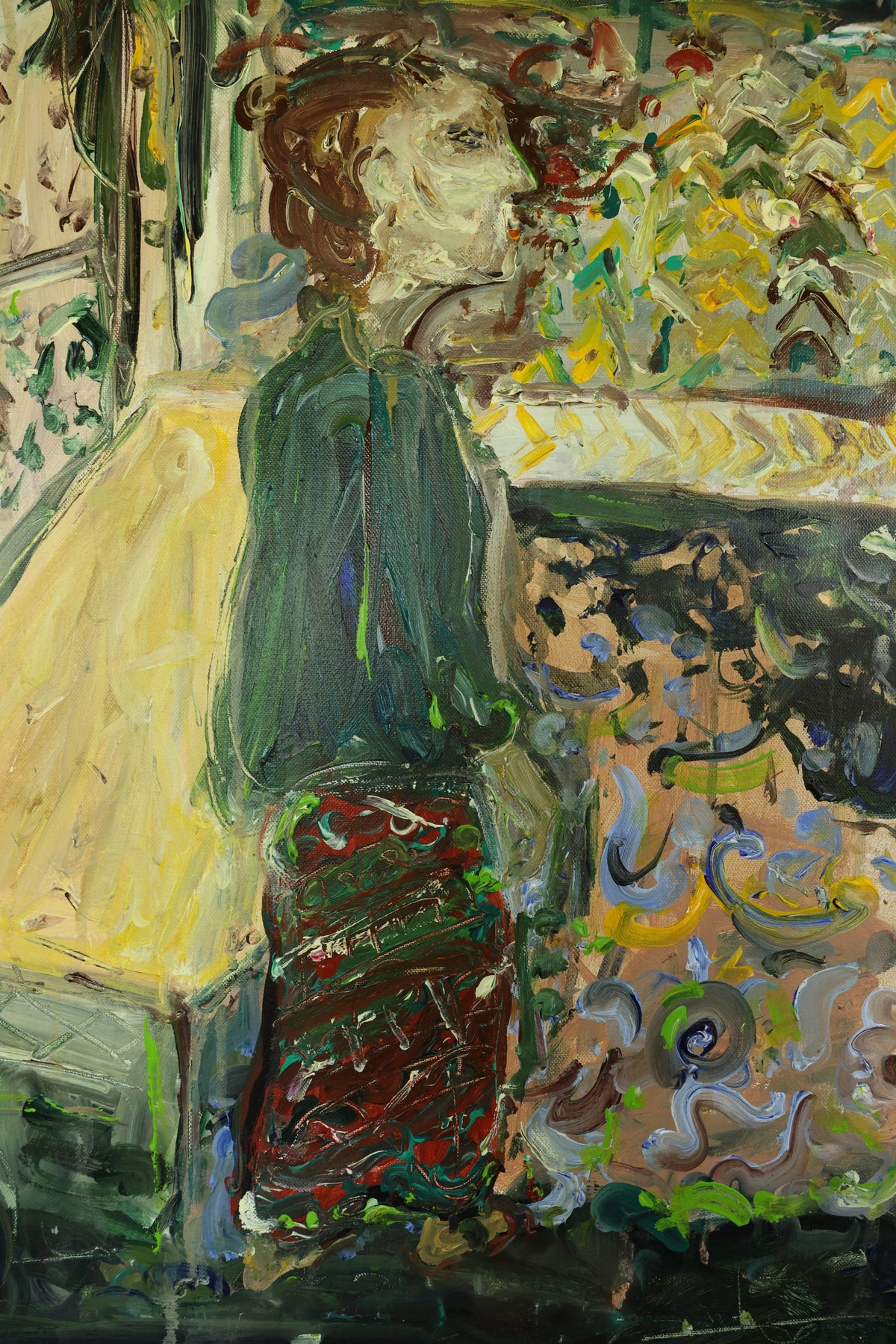 Detail of Berkaca (2026), a one-of-a-kind acrylic painting on canvas by Balinese artist I Wayan Dendy Permana Putra, highlighting the solitary figure in profile, flowing deep green and crimson clothing, ochre-yellow forms and expressive layered brushwork — photographed and curated by Senja Living.