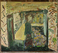 Berkaca (2026), a one-of-a-kind original acrylic painting on canvas by emerging Balinese artist I Wayan Dendy Permana Putra, shown in full with its signed composition of a solitary figure in profile within layered architectural forms, a painted clock and expressive brushwork in ochre, moss green, crimson, teal and yellow — photographed and curated by Senja Living.
