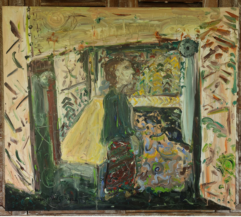 Berkaca (2026), a one-of-a-kind original acrylic painting on canvas by emerging Balinese artist I Wayan Dendy Permana Putra, shown in full with its signed composition of a solitary figure in profile within layered architectural forms, a painted clock and expressive brushwork in ochre, moss green, crimson, teal and yellow — photographed and curated by Senja Living.