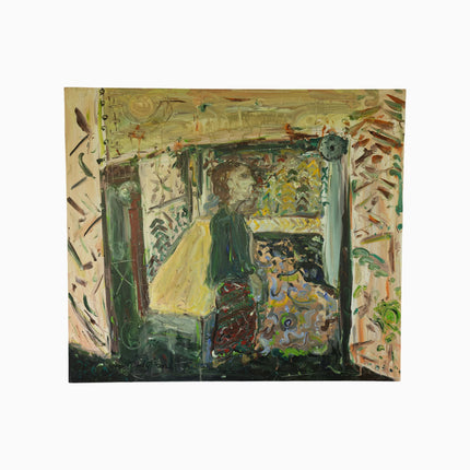 Berkaca (2026), original acrylic painting on canvas by Balinese artist I Wayan Dendy Permana Putra, depicting a solitary figure in profile within a layered architectural space, in ochre, moss green and crimson — photographed and curated by Senja Living.