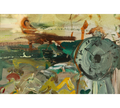 Compelling detail of Berkaca (2026), an original acrylic painting on canvas by Balinese artist I Wayan Dendy Permana, highlighting a painted clock face amid layered teal, moss green, ochre, yellow and rust-toned brushwork, exploring the passage of time — photographed and curated by Senja Living.
