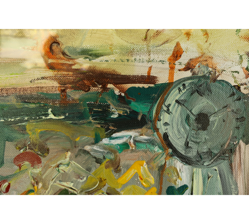 Compelling detail of Berkaca (2026), an original acrylic painting on canvas by Balinese artist I Wayan Dendy Permana, highlighting a painted clock face amid layered teal, moss green, ochre, yellow and rust-toned brushwork, exploring the passage of time — photographed and curated by Senja Living.