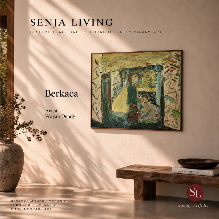 Berkaca (2026), an original painting by emerging Balinese artist I Wayan Dendy Permana Putra, presented in a Senja Living editorial interior composition with the artwork title, artist credit, bespoke furniture and curated contemporary art branding, warm plaster walls and natural sunlight — curated by Senja Living.