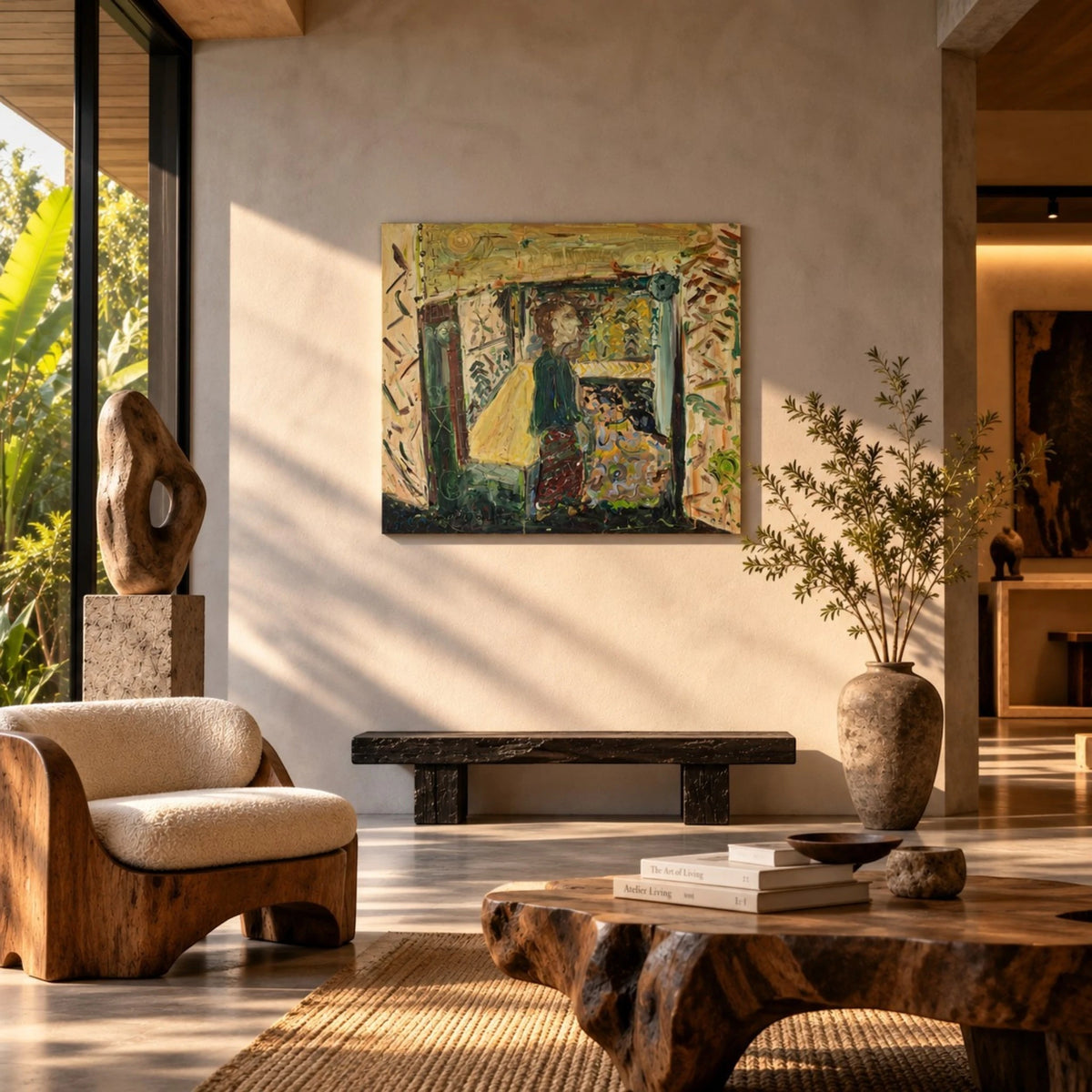 Berkaca (2026), a one-of-a-kind acrylic painting on canvas by Balinese artist I Wayan Dendy Permana Putra, displayed above a Senja Living bench in a warm modern organic interior with sculptural wood furniture, natural stone, a textured rug and sunlight across a plaster wall — curated by Senja Living.