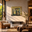 Berkaca (2026), a one-of-a-kind acrylic painting on canvas by Balinese artist I Wayan Dendy Permana Putra, displayed above a Senja Living bench in a warm modern organic interior with sculptural wood furniture, natural stone, a textured rug and sunlight across a plaster wall — curated by Senja Living.