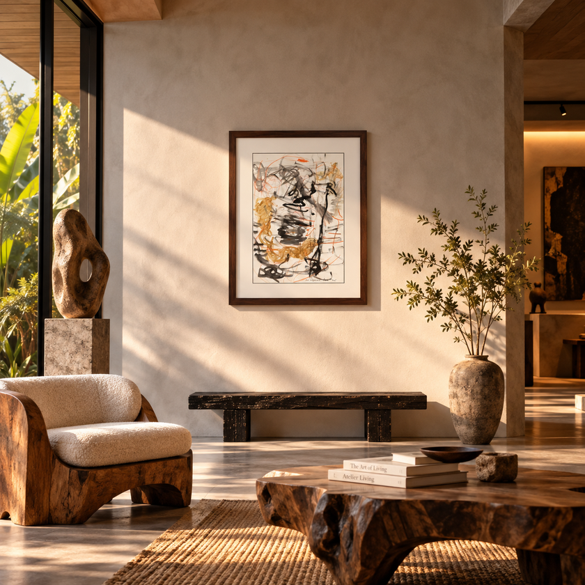 Naga (2024), an original painting by talented young emerging Balinese artist Ni Nyoman Aura Komala Dewi, displayed in a dark wood frame against a warm plaster wall in a contemporary organic interior with sculptural wood furniture, natural materials and soft sunlight — interior presentation curated by Senja Living.