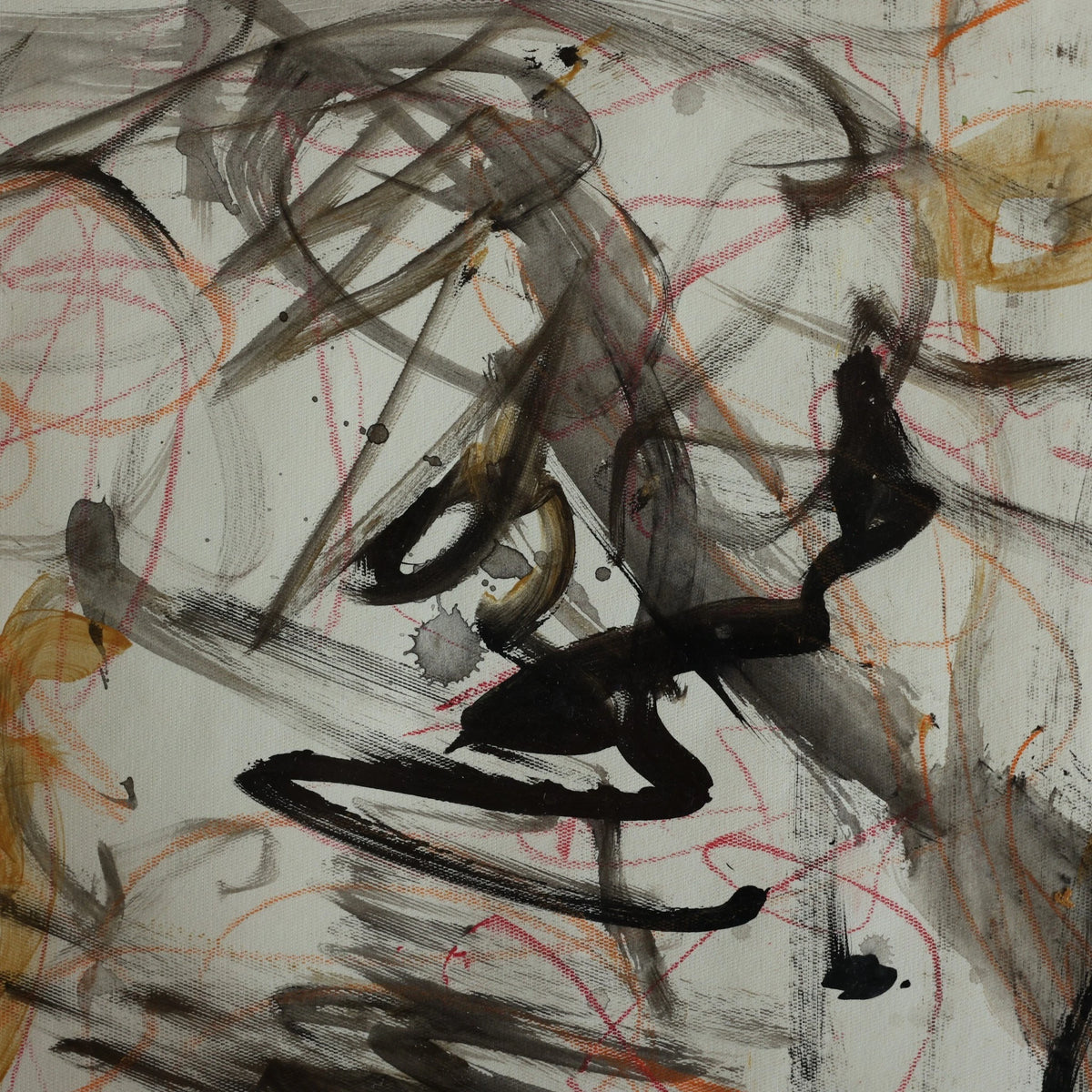 Detail of Naga (2024), a one-of-a-kind acrylic painting on paper by talented young emerging Balinese artist Ni Nyoman Aura Komala Dewi, highlighting the work’s Balinese Hindu symbolism and themes of wisdom, gentle strength and kindness through bold black and charcoal brushstrokes, translucent ochre forms and fine vermilion lines — photographed and curated by Senja Living.