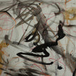 Detail of Naga (2024), a one-of-a-kind acrylic painting on paper by talented young emerging Balinese artist Ni Nyoman Aura Komala Dewi, highlighting the work’s Balinese Hindu symbolism and themes of wisdom, gentle strength and kindness through bold black and charcoal brushstrokes, translucent ochre forms and fine vermilion lines — photographed and curated by Senja Living.