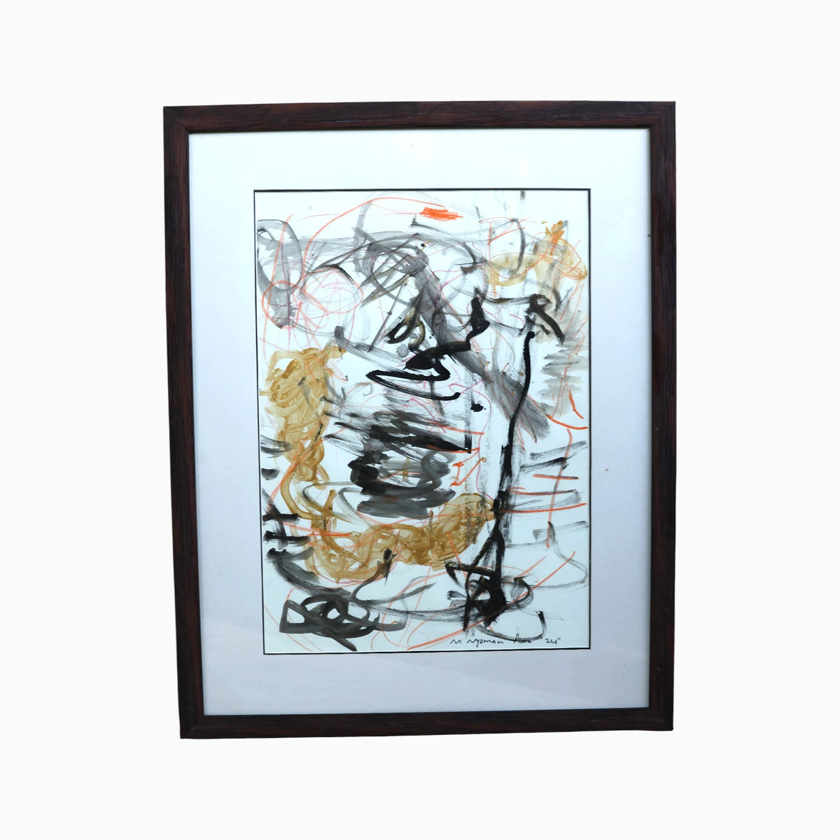 Naga (2024), an original acrylic painting on paper by the talented young emerging Balinese artist Ni Nyoman Aura Komala Dewi, featuring expressive black, charcoal grey, ochre and vermilion brushstrokes — photographed and curated by Senja Living.