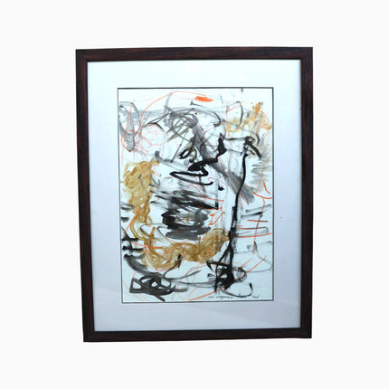Naga (2024), an original acrylic painting on paper by the talented young emerging Balinese artist Ni Nyoman Aura Komala Dewi, featuring expressive black, charcoal grey, ochre and vermilion brushstrokes — photographed and curated by Senja Living.