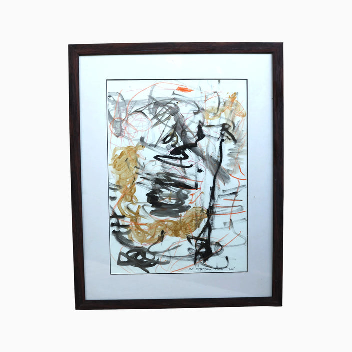 Naga (2024), an original acrylic painting on paper by the talented young emerging Balinese artist Ni Nyoman Aura Komala Dewi, featuring expressive black, charcoal grey, ochre and vermilion brushstrokes — photographed and curated by Senja Living.