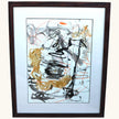 Closer view of Naga (2024), an original acrylic painting on paper by talented young emerging Balinese artist Ni Nyoman Aura Komala Dewi, showing expressive black and charcoal brushstrokes, looping ochre forms and fine vermilion lines within its dark wood frame and white mat — photographed and curated by Senja Living.