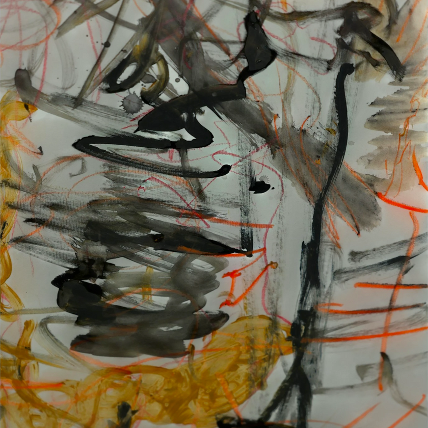 Detail of Naga (2024) by talented young emerging Balinese artist Ni Nyoman Aura Komala Dewi, highlighting Balinese Hindu symbolism associated with the naga as a guardian and symbol of wisdom, gentle strength and kindness, expressed through gestural abstraction, bold black and charcoal brushstrokes, vermilion lines and looping ochre forms — photographed and curated by Senja Living.