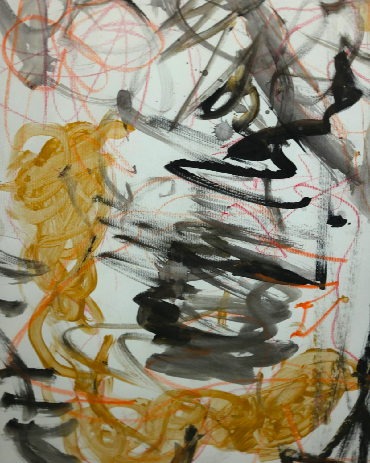 Detail of Naga (2024), an original gestural abstraction painting by talented young emerging Balinese artist Ni Nyoman Aura Komala Dewi, highlighting symbols of wisdom, gentle strength and kindness, layered black and charcoal brushstrokes, looping ochre forms and fine vermilion lines — photographed and curated by Senja Living.