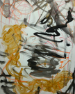 Detail of Naga (2024), an original gestural abstraction painting by talented young emerging Balinese artist Ni Nyoman Aura Komala Dewi, highlighting symbols of wisdom, gentle strength and kindness, layered black and charcoal brushstrokes, looping ochre forms and fine vermilion lines — photographed and curated by Senja Living.