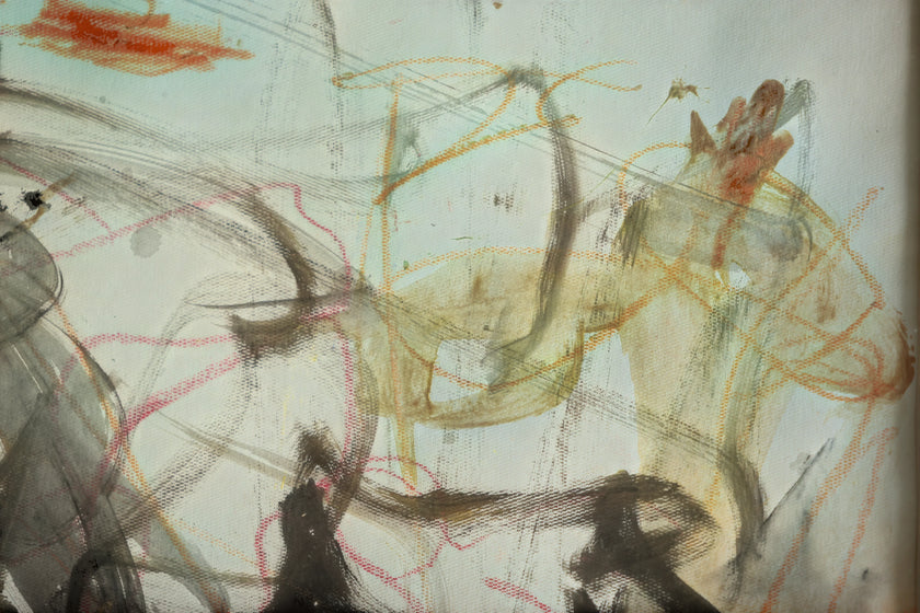 Detail of Naga (2024), a one-of-a-kind acrylic painting on paper by talented young emerging Balinese artist Ni Nyoman Aura Komala Dewi, revealing fine surface texture, translucent ochre forms, vermilion linework and layered charcoal brushstrokes — photographed and curated by Senja Living.