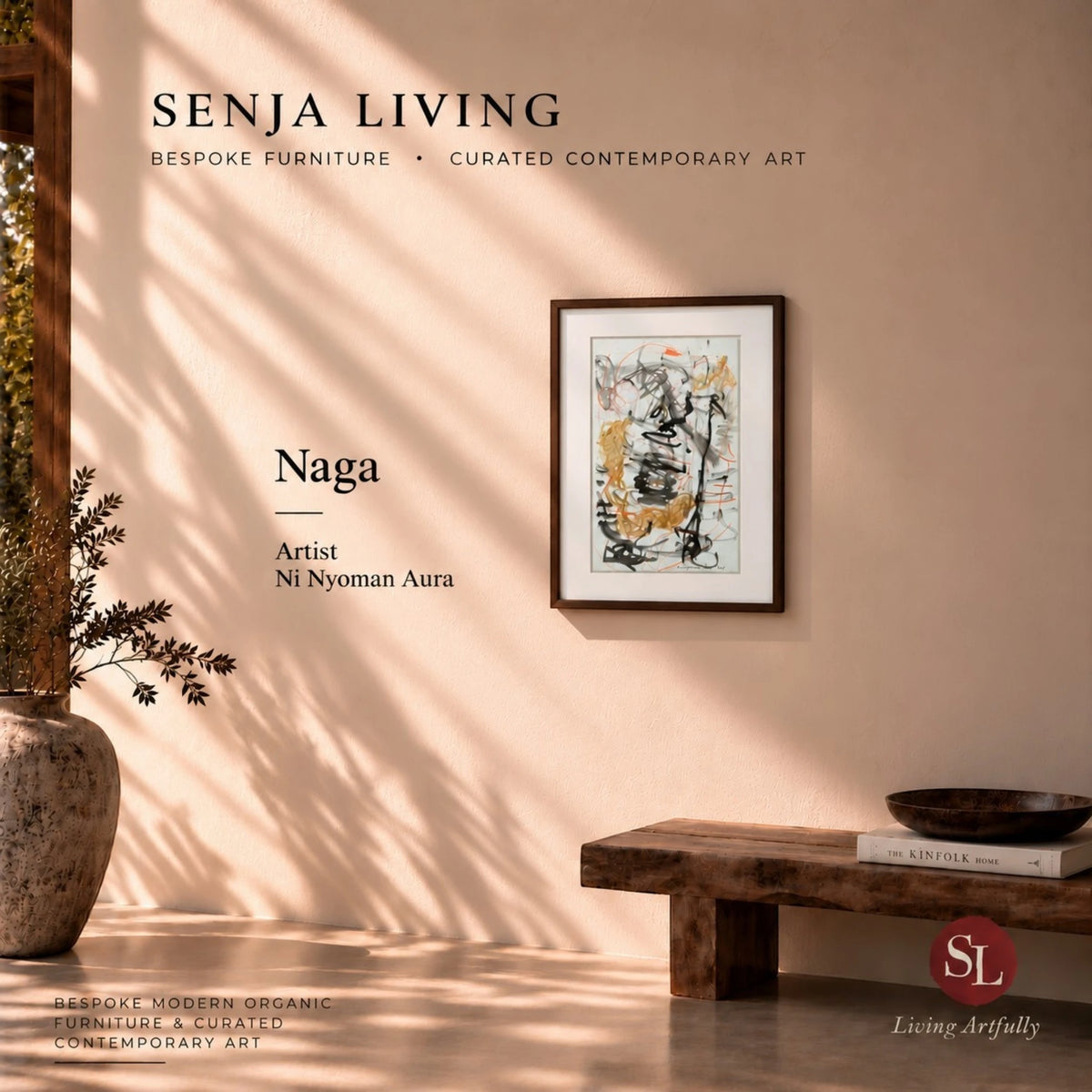 Naga (2024), an original acrylic painting on paper by talented young emerging Balinese artist Ni Nyoman Aura Komala Dewi, presented in a warm, contemporary organic interior with Senja Living’s editorial branding, natural sunlight and sculptural wood furniture — curated by Senja Living.