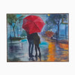 Original contemporary impressionist oil on canvas painting There is Always Love Behind the Red Umbrella by Heru Japra Pramono, featuring a couple closely sheltered under a red umbrella on a rain swept street.