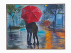 Square crop view of the original contemporary impressionist oil on canvas painting There is Always Love Behind the Red Umbrella by Heru Japra Pramono, featuring a couple sheltered under a red umbrella on a rain swept street.