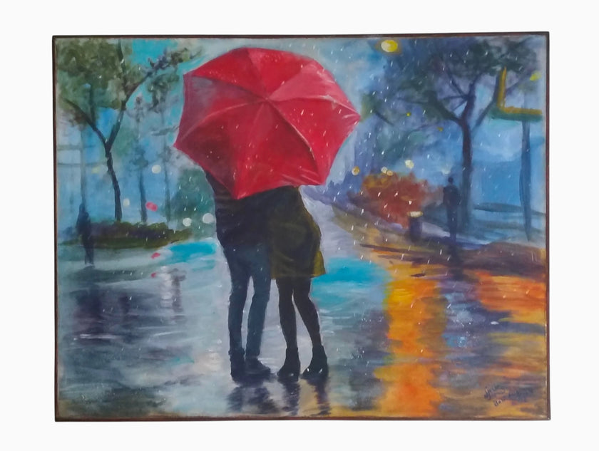 Square crop view of the original contemporary impressionist oil on canvas painting There is Always Love Behind the Red Umbrella by Heru Japra Pramono, featuring a couple sheltered under a red umbrella on a rain swept street.
