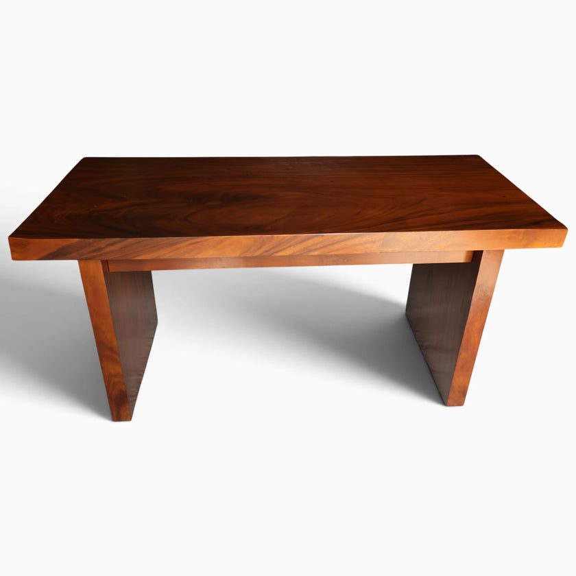 Elevated three-quarter view of the back side of the Modern Organic Home Library Writing Table by Senja Living, highlighting the clean linear straight-cut edge.