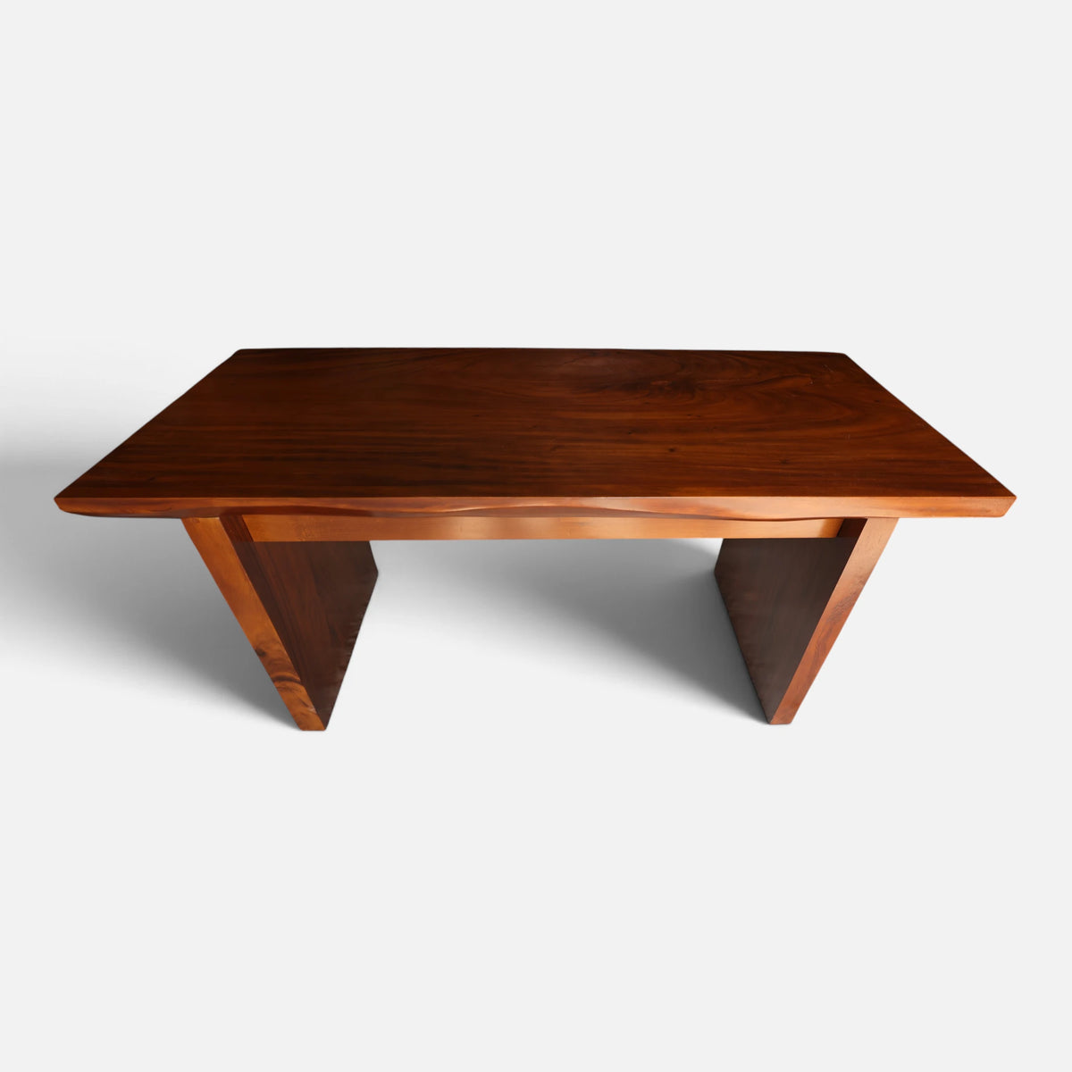 Slightly elevated straight-on view of the elegant live edge Modern Organic Home Library Writing Table by Senja Living.