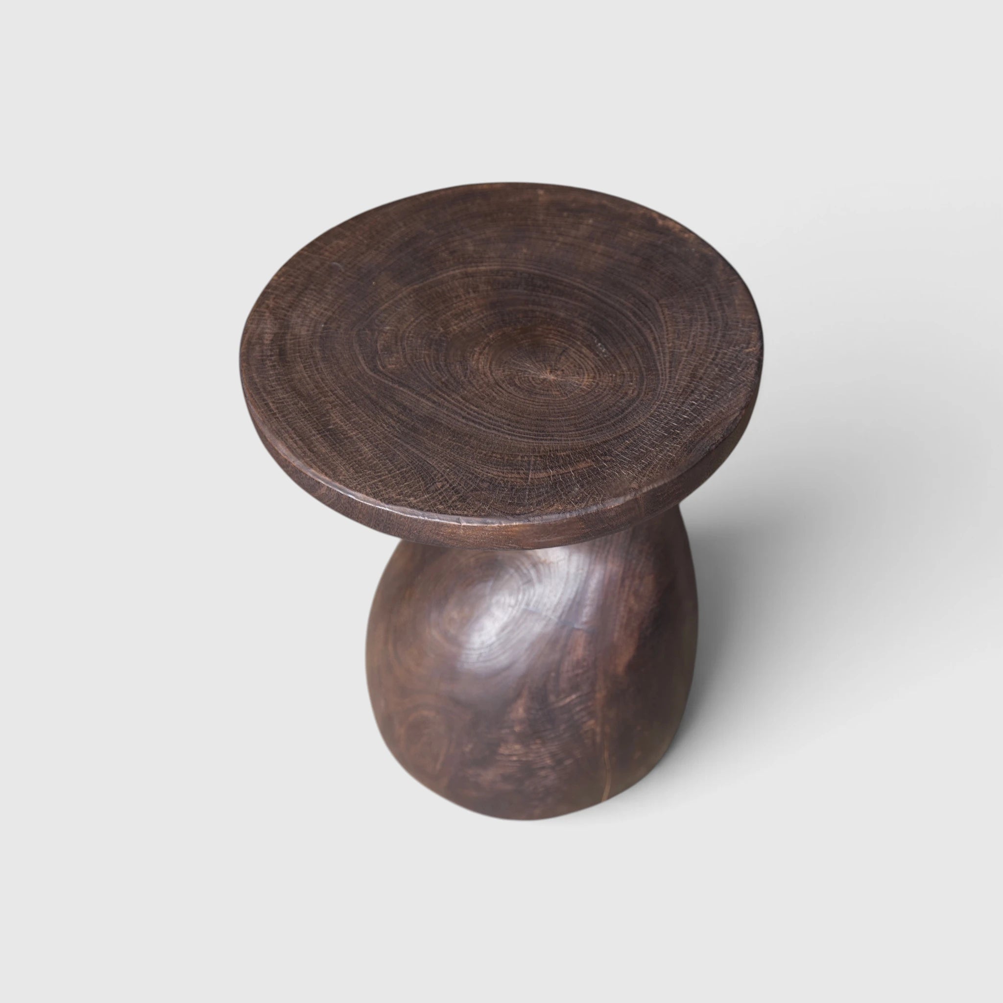 Sculptural Gooseneck Espresso Side Table, fire-torched, natural polish, sustainable mango wood furniture from Senja Living.