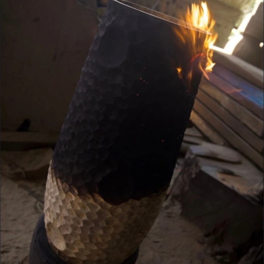 Bespoke modern organic luxury home decor: Senja Living Sculptural Vases, embracing the process of fire-torched charred wood designs.