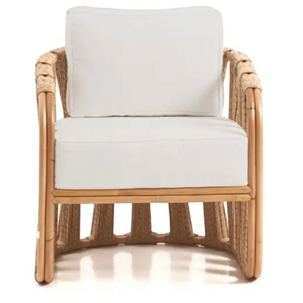 Senja Ropes Attached Accent Chair showing the symmetrical double-pole rattan frame and vertical studio-woven hyacinth performance rope detailing from a straight front-facing view.