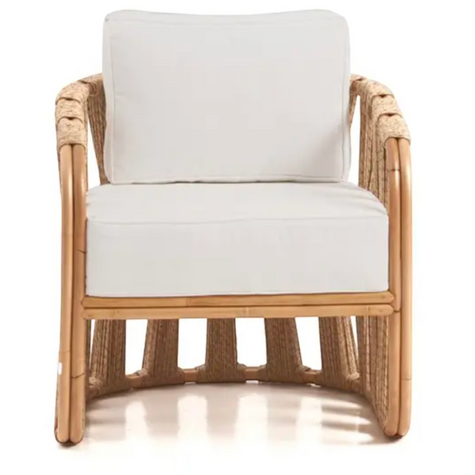 Senja Ropes Attached Accent Chair showing the symmetrical double-pole rattan frame and vertical studio-woven hyacinth performance rope detailing from a straight front-facing view.