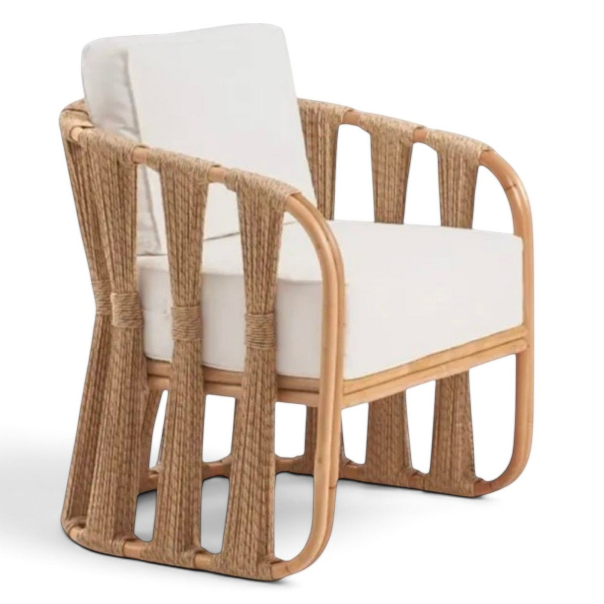 Ropes Attached Accent Chair by Senja Living featuring a premium double-pole rattan frame and striking braided rope detailing in a classic strings attached lounge chair style.